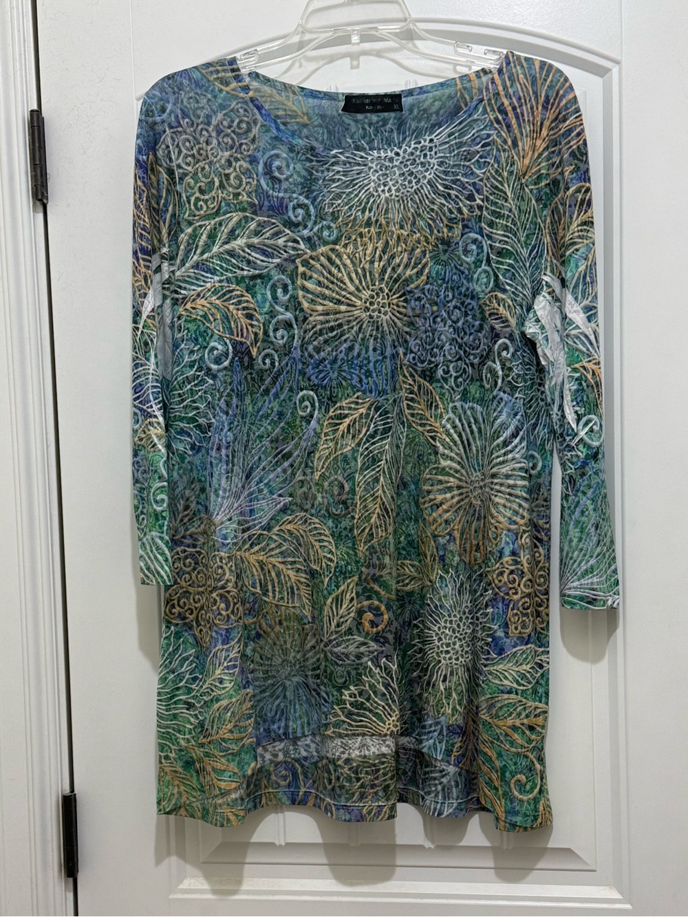Katharina Marie Wearable Art Blue Green Abstract Floral 3/4 Sleeve Tunic Top XL